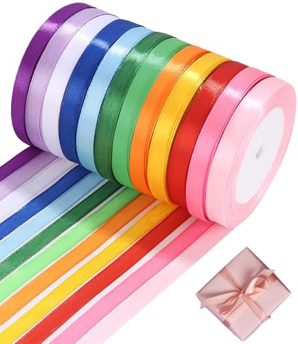 Satinband Bänder 12 Farben 22m X 10mm, Schleifenband Geschenkband Bänder zum Basteln, für Heimwerkerkunst handwerk, Polyester Satinband, Geschenk Verpackung, Schleifen, Hochzeitsdekoration von Zounin