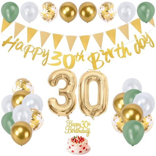 30 geburtstag mann deko, 30 geburtstag frau-Folienballon Zahl 30, Happy Birthday Girlande und Banner, Cake Topper, weiße, goldene und grüne Ballons für 30 Geburtstag Party Dekoration(30th) von Zouwel