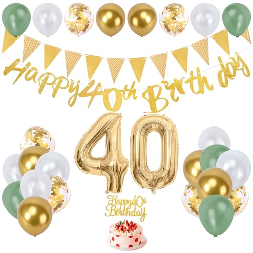 40 geburtstag mann deko, 40 geburtstag frau-Folienballon Zahl 40, Happy Birthday Girlande und Banner, Cake Topper, weiße, goldene und grüne Ballons für 40 Geburtstag Party Dekoration (40th) von Zouwel