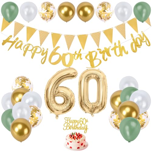 60 geburtstag mann deko, 60 geburtstag frau-Folienballon Zahl 60, Happy Birthday Girlande und Banner, Cake Topper, weiße, goldene und grüne Ballons für 60 Geburtstag Party Dekoration (60th) von Zouwel