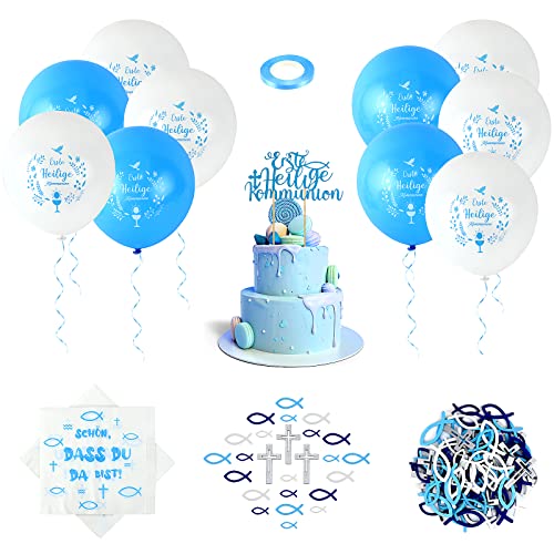 Zoyomax Kommunion Deko Junge, Konfirmation Deko, Tischdeko Taufe Junge, 16 Luftballons +20 Servietten Kommunion Junge+66 Holz Fische Deko +10 Kreuz +1 Cake Topper +1 Banner (Blau) von Zoyomax