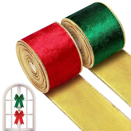 Velvet and Satin Reversible Christmas Tree Ribbon, 2 Rolls Craft Fabric Ribbons, 2.5in x 5 Yards - Perfect for Holiday Decor and Wrapping Reversible Christmas Craft Ribbon Set von Zqkimzi