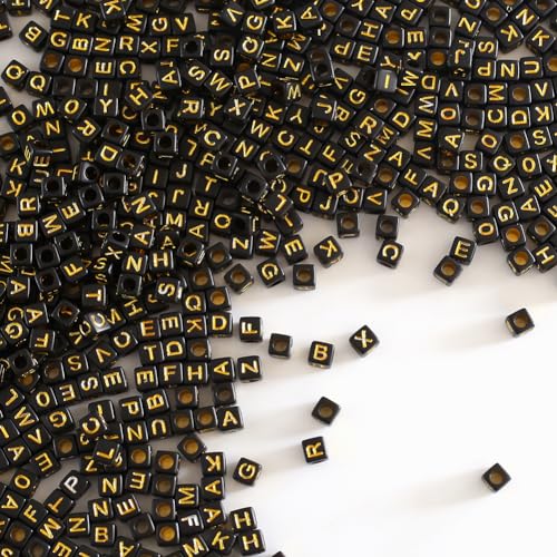 Zsail Buchstabe Perlen 1000Stücke Acryl Alphabet Buchstabe Perlen A-Z Buchstabe für Schmuck Herstellung (6mm bg black-gold) von Zsail