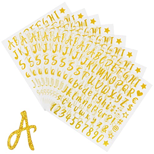 Zsanhua 8 Blatt Glitzer Buchstaben Aufkleber, Glitzer Kursive Zahl Alphabet Aufkleber Selbstklebend DIY Zahlen Etiketten Grußkarte Glitzer Aufkleber für Scrapbooking Abschluss Kappe Dekoration (Gold) von Zsanhua