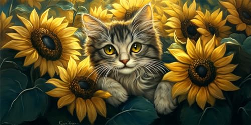 5D Diamond Painting Katze Diamant Painting Bilder Sonnenblume Diamond Painting Set für Erwachsene Kinder, Full DIY Diamant Kunst Malerei Stickerei Kreuzstich Set für Herbst Deko Schlafzimmer 30X60CM von Zsccvzlu