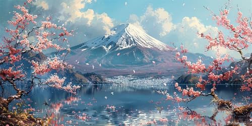 Malen Nach Zahlen Erwachsene Fuji-Berg, DIY Malen Nach Zahlen Kirschblüten Ölgemälde Leinwand Kit für Anfänger, Mit 3-Pinseln und Acrylfarbe, für Home Wanddeko Wohnzimmer, Geschenke Mädchen 40X80CM von Zsccvzlu