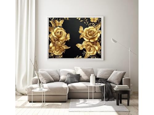 Malen nach Zahlen Erwachsene Gold, Blume Malen Nach Zahlen ab 9 Jahre Mädchen Geschenk, DIY Paint by Numbers Leinwand 100X130CM, 3 Pinsel und Acrylfarbe für Weihnachtsdeko Wohnzimmer, (mit Rahmen) von Zsccvzlu