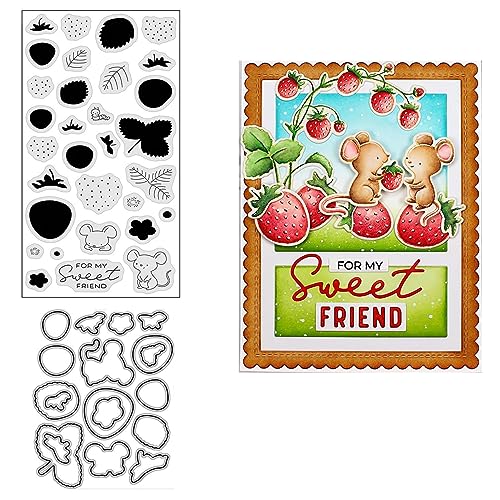 Erdbeeren und Mäuse Stempel und Stanzschablonen-Set für Kartenherstellung, transparente Stempel und Metall-Stanzformen Sets für Scrapbooking, DIY, Album, Kartenherstellung von Zshyocta