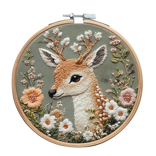 Ztexkee DIY Stickset, unvollendetes Stickerei-Starter-Set mit 15 cm Stickrahmen, Wald Hirsch Muster Leinwand Sticktuch, Nadelfaden Stickmaterial Set für Anfänger Hirsch Blume von Ztexkee