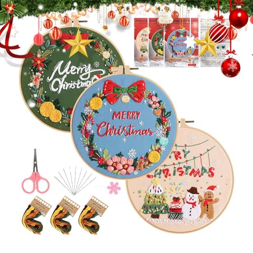 Zuasdvnk Handstickerei-Set, Weihnachts-Stickerei-Ornament-Set - Frohe Weihnachten-Sticksets für Anfänger,Weihnachtsstrumpf-Ornamente, Bastelsets, Weihnachtszubehör für Bastelliebhaber von Zuasdvnk