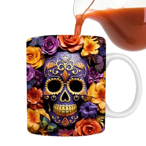 Zuasdvnk Keramik-Teetasse mit Blumenmuster und flachem 3D-Effekt, tragbare Totenkopf-Kaffeetasse mit lebendigen Farben, Keramik-Teetasse für Kaffee, Tee von Zuasdvnk