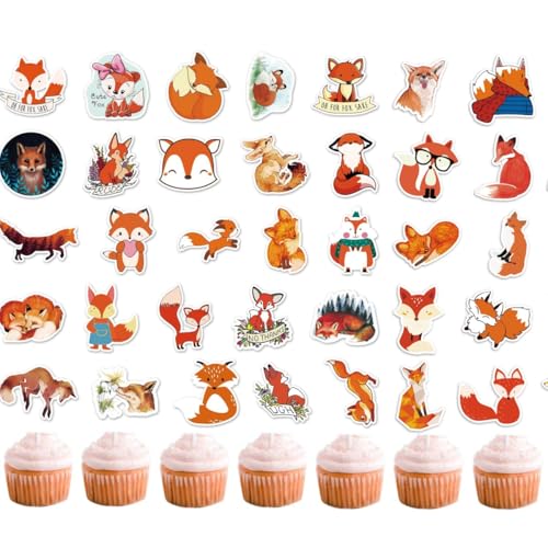 50 Stück Fuchs-Cupcake-Topper, süße Fuchs-Aufkleber, DIY-Cupcake-Dekoration, Fuchs-Partyzubehör, Tierparty, Dschungelparty (2 in 1) von Zuisytm