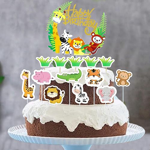 Zulbceo 22pcs Tiere Dschungel Geburtstag Tortendeko, Zoo Tier Cake Topper für Kinder Junge Geburtstag Kuchen Deko,Happy Birthday Tiere,für Kinder Junge Mädchen von Zulbceo