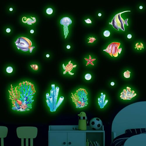 Zulbceo 4 Stück Meerestiere Wandtattoo Leuchtend, Fluoreszierend Wandaufkleber, Ozean Meerestiere Fluoreszierend Wandaufkleber,Meereswelt Leuchtaufkleber für Kinder Schlafzimmer Badezimmer Deko von Zulbceo