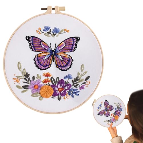 Zunishaone Schmetterling-Blumen-Stickset, Tier-Stickerei-Näh-Übungsset,Buntes Handstickset - Rundes Stickset für Anfänger, Stickset für Weihnachten, Neujahr, Thanksgiving von Zunishaone