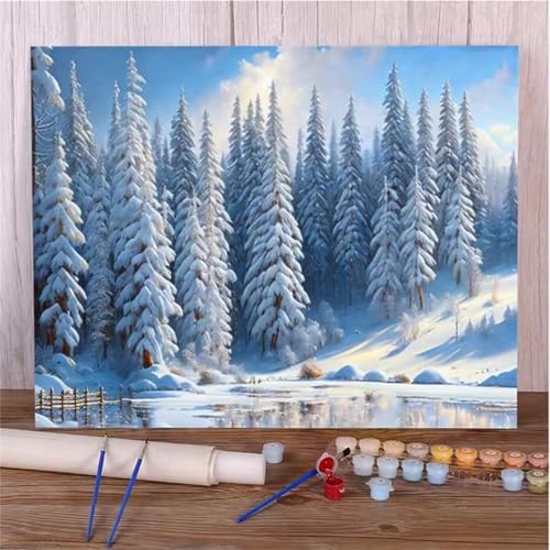 Baum Malen Nach Zahlen für Erwachsene Anfänger, Schneelandschaft Malen nach Zahlen Kits, DIY Handgemalt öLgemäLde Kit, mit Pinsels und Acrylfarbe, Ohne Rahmen 45x60 cm von Zuooyi