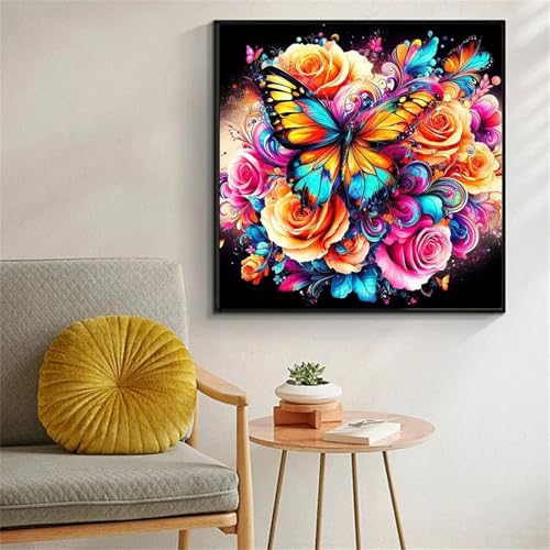 Blume Schmetterling Diamant Painting Bilder für Erwachsene Anfänger,5D Diamond Painting Set,DIY Round Vollbohrer Diamanten Malerei Stickerei Malen nach Zahlen Kreuzstich Home Dekor 50x50cm von Zuooyi