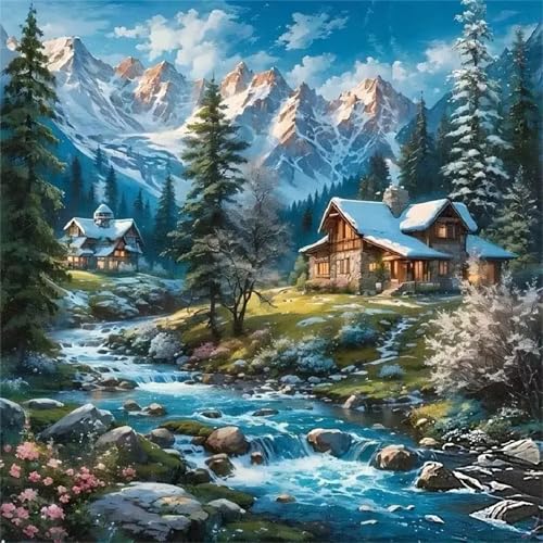 Diamond Painting Erwachsene 5D Häuser schneebedeckten 100x100cm Diamant Painting Bilder Anfänger Strass Diamant Kunst Kits,DIY Round Full Drill Stickerei Diamant Arts Malerei für Home Wanddekoration von Zuooyi