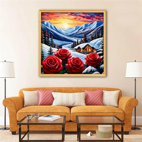 Diamond Painting Erwachsene 5D Schneebedeckte Bergrose 100x100cm Diamant Painting Bilder Anfänger Strass Diamant Kunst Kits,DIY Square Full Drill Stickerei Diamant Arts Malerei für Home Wanddekoration von Zuooyi