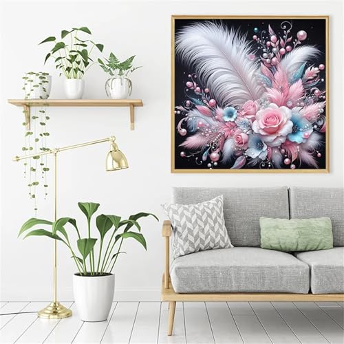 Feder Blume Rose Diamant Painting Bilder für Erwachsene Anfänger,5D Diamond Painting Set,DIY Round Vollbohrer Diamanten Malerei Stickerei Malen nach Zahlen Kreuzstich Geschenke Home Wand Dekor 30x30cm von Zuooyi