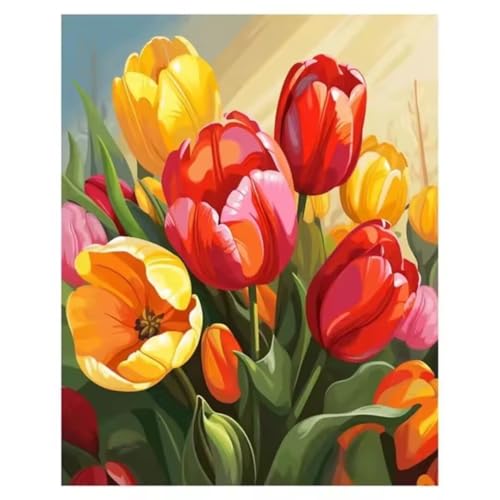 Malen nach Zahlen Kits Gelbe Tulpen, DIY Handgemalt Ölgemälde Kit für Kinder Anfänger und Erwachsene, Blumen Digitales DIY Ölgemälde Set mit Pinseln und Acrylfarbe, DIY Rahmen 40x50 cm von Zuooyi