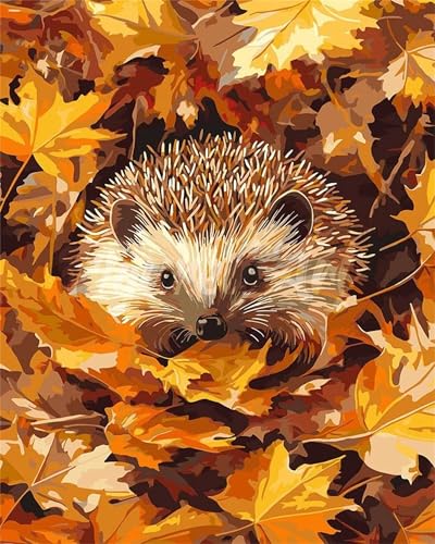 Malen nach Zahlen Kits Igel-Herbstblätter, DIY Handgemalt Ölgemälde Kit für Kinder Anfänger und Erwachsene, Ohne Rahmen Digitales DIY Ölgemälde Set mit Pinseln und Acrylfarbe, 30x40cm von Zuooyi