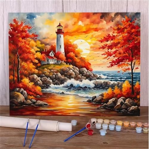 Malen nach Zahlen Kits Leuchtturm, DIY Handgemalt Ölgemälde Kit für Kinder Anfänger und Erwachsene, Sonnenuntergang Digitales DIY Ölgemälde Set mit Pinseln und Acrylfarbe, Ohne Rahmen 55x70 cm von Zuooyi