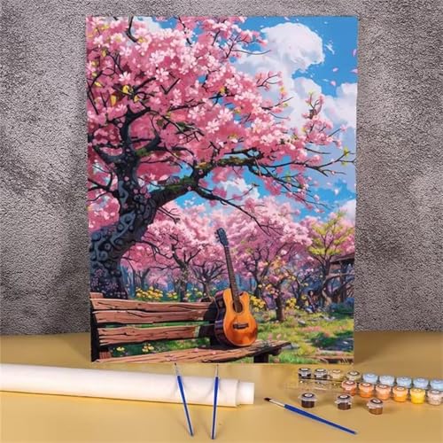 Malen nach Zahlen Kits Rosa Blume, DIY Handgemalt Ölgemälde Kit für Kinder Anfänger und Erwachsene, Gitarre Digitales DIY Ölgemälde Set mit Pinseln und Acrylfarbe, Ohne Rahmen 40x50 cm von Zuooyi