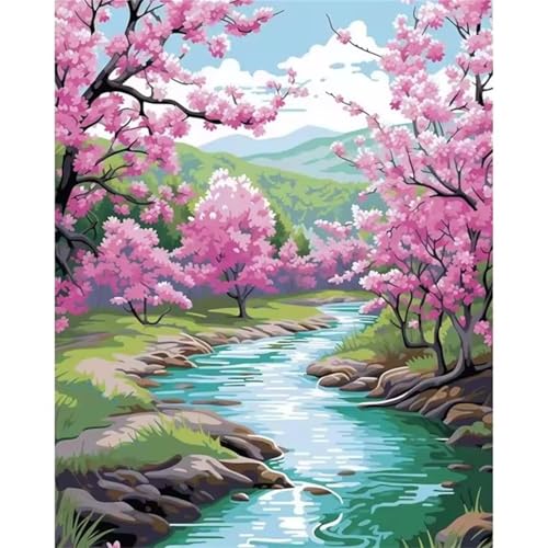 Malen nach Zahlen Kits Rosa Blumen, DIY Handgemalt Ölgemälde Kit für Kinder Anfänger und Erwachsene, Baum-Fluss Digitales DIY Ölgemälde Set mit Pinseln und Acrylfarbe, DIY Rahmen 30x40 cm von Zuooyi