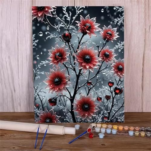 Malen nach Zahlen Kits Rote Blumen, DIY Handgemalt Ölgemälde Kit für Kinder Anfänger und Erwachsene, Baum Digitales DIY Ölgemälde Set mit Pinseln und Acrylfarbe, DIY Rahmen 30x40 cm von Zuooyi