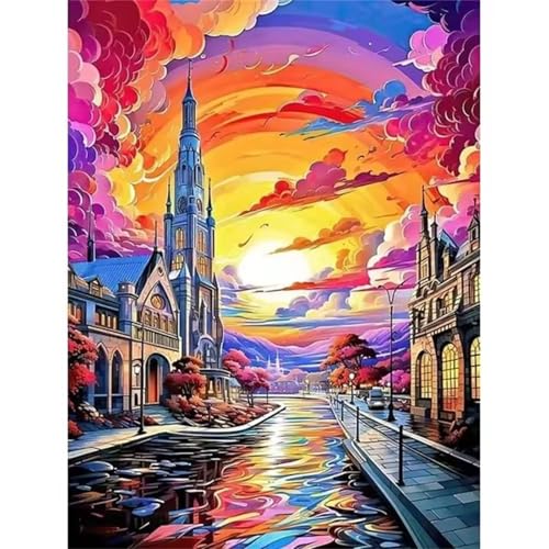 Malen nach Zahlen Kits Sonnenaufgang, DIY Handgemalt Ölgemälde Kit für Kinder Anfänger und Erwachsene, Stadtbild Digitales DIY Ölgemälde Set mit Pinseln und Acrylfarbe, Ohne Rahmen 50x65 cm von Zuooyi