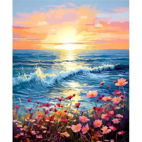 Malen nach Zahlen Kits Sonnenaufgang Wellen, DIY Handgemalt Ölgemälde Kit für Kinder Anfänger und Erwachsene, Blumen Digitales DIY Ölgemälde Set mit Pinseln und Acrylfarbe, Ohne Rahmen 45x60 cm von Zuooyi