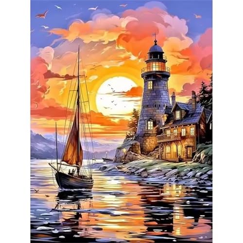 Malen nach Zahlen Kits Sonnenuntergang, DIY Handgemalt Ölgemälde Kit für Kinder Anfänger und Erwachsene, Leuchtturmboot Digitales DIY Ölgemälde Set mit Pinseln und Acrylfarbe, Ohne Rahmen 40x50 cm von Zuooyi