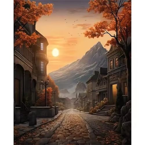 Malen nach Zahlen Kits Sonnenuntergang, DIY Handgemalt Ölgemälde Kit für Kinder Anfänger und Erwachsene, Straße Digitales DIY Ölgemälde Set mit Pinseln und Acrylfarbe, DIY Rahmen 50x65 cm von Zuooyi