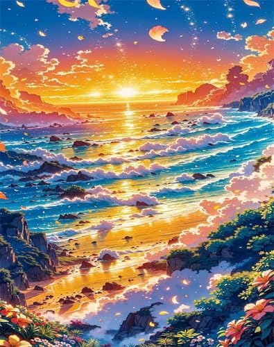 Malen nach Zahlen Kits Sonnenuntergang-Cartoon-Meer, DIY Handgemalt Ölgemälde Kit für Kinder Anfänger und Erwachsene, Ohne Rahmen Digitales DIY Ölgemälde Set mit Pinseln und Acrylfarbe, 30x40cm von Zuooyi