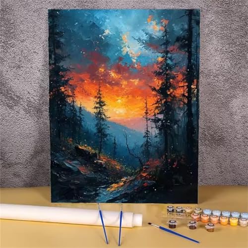 Malen nach Zahlen Kits Sonnenuntergang Landschaft, DIY Handgemalt Ölgemälde Kit für Kinder Anfänger und Erwachsene, Abstrakt Digitales DIY Ölgemälde Set mit Pinseln und Acrylfarbe, Ohne Rahmen 50x65cm von Zuooyi