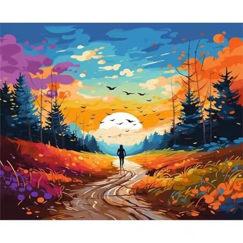 Malen nach Zahlen Kits Sonnenuntergang Landschaft, DIY Handgemalt Ölgemälde Kit für Kinder Anfänger und Erwachsene, Bäume Digitales DIY Ölgemälde Set mit Pinseln und Acrylfarbe, DIY Rahmen 55x70 cm von Zuooyi