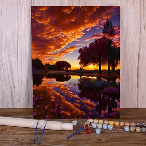 Malen nach Zahlen Kits Sonnenuntergang Landschaft, DIY Handgemalt Ölgemälde Kit für Kinder Anfänger und Erwachsene, Wolken Digitales DIY Ölgemälde Set mit Pinseln und Acrylfarbe, Ohne Rahmen 55x70 cm von Zuooyi