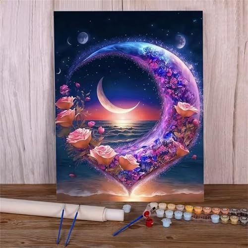 Mond Malen Nach Zahlen für Erwachsene Anfänger, Rosen Malen nach Zahlen Kits, DIY Handgemalt öLgemäLde Kit, mit Pinsels und Acrylfarbe, DIY Rahmen 60x75 cm von Zuooyi