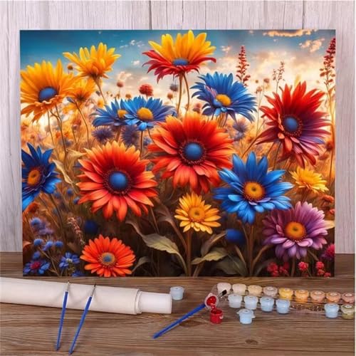 Orange Blumen Malen Nach Zahlen für Erwachsene Anfänger, Blaue Blumen Malen nach Zahlen Kits, DIY Handgemalt öLgemäLde Kit, mit Pinsels und Acrylfarbe, Ohne Rahmen 40x50 cm von Zuooyi