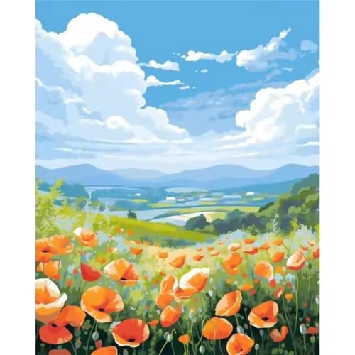 Orange Blumen Malen Nach Zahlen für Erwachsene Anfänger, Himmel Malen nach Zahlen Kits, DIY Handgemalt öLgemäLde Kit, mit Pinsels und Acrylfarbe, Ohne Rahmen 45x60 cm von Zuooyi