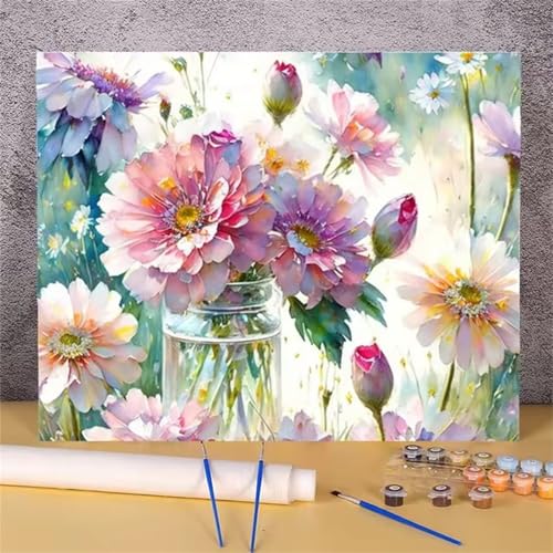 Rosa Blume Malen Nach Zahlen für Erwachsene Anfänger, Tasse Malen nach Zahlen Kits, DIY Handgemalt öLgemäLde Kit, mit Pinsels und Acrylfarbe, Ohne Rahmen 50x65 cm von Zuooyi