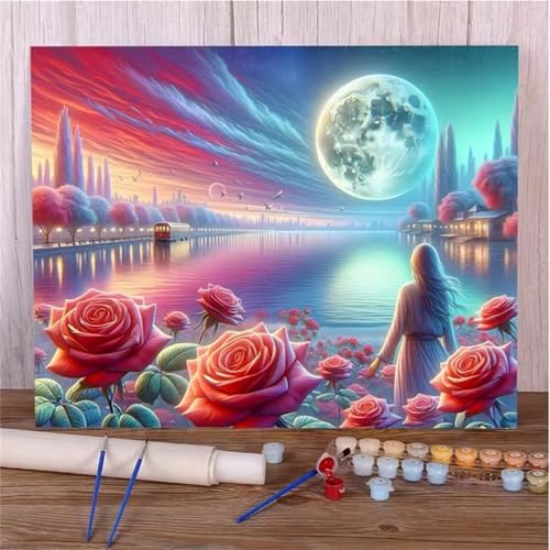 Rosa Rosen Malen Nach Zahlen für Erwachsene Anfänger, Mond Malen nach Zahlen Kits, DIY Handgemalt öLgemäLde Kit, mit Pinsels und Acrylfarbe, DIY Rahmen 50x65 cm von Zuooyi