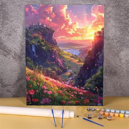 Sonnenaufgang Landschaft Malen Nach Zahlen für Erwachsene Anfänger, Blumen Malen nach Zahlen Kits, DIY Handgemalt öLgemäLde Kit, mit Pinsels und Acrylfarbe, Ohne Rahmen 45x60 cm von Zuooyi