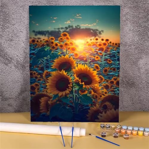 Sonnenaufgang Malen Nach Zahlen für Erwachsene Anfänger, Sonnenblume Malen nach Zahlen Kits, DIY Handgemalt öLgemäLde Kit, mit Pinsels und Acrylfarbe, Ohne Rahmen 50x65 cm von Zuooyi