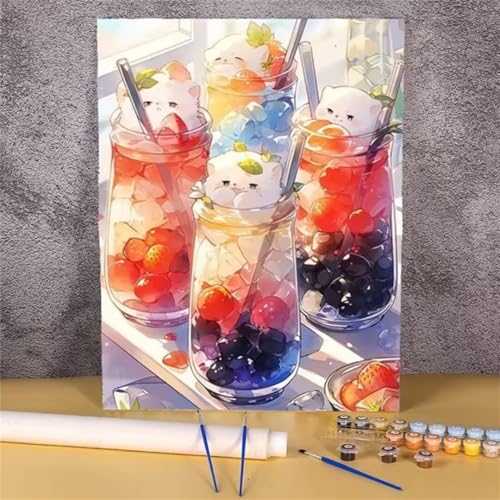 Tasse Obst Malen Nach Zahlen für Erwachsene Anfänger, Tier Katze Malen nach Zahlen Kits, DIY Handgemalt öLgemäLde Kit, mit Pinsels und Acrylfarbe, DIY Rahmen 40x50 cm von Zuooyi