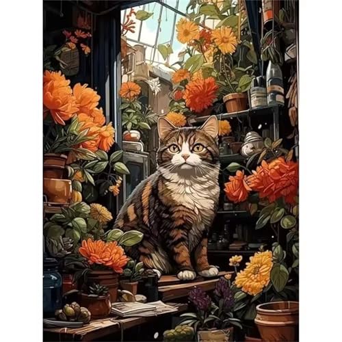 Tier Katze Malen Nach Zahlen für Erwachsene Anfänger, Blume Orange Malen nach Zahlen Kits, DIY Handgemalt öLgemäLde Kit, mit Pinsels und Acrylfarbe, Ohne Rahmen 40x50 cm von Zuooyi