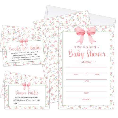 Einladungen für Babypartys für Mädchen, Set mit 25 Babyparty-Einladungen, rosa Schleife, Blumenmuster, mit Umschlägen, Buchanfragekarten, Windel-Raffle-Tickets für Partyzubehör /05 von Zwsrplo