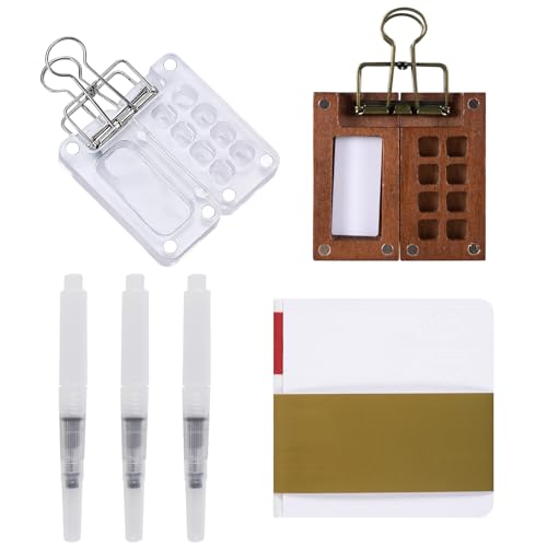 2-teiliges tragbares Skizzenbuch-Paletten-Set, 8 Fächer, Mini-Farbpalette für Mini-Reise, Malpalette mit Aquarell-Pinselstiften, Notizbuch und einem Clip von Zxvskr