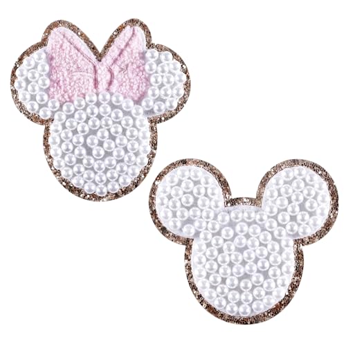 2 x bestickter Aufnäher mit Mausperlen, Cartoon-Maus, Perlen, goldene Kanten, Chenille, selbstklebend, zum Aufbügeln für Taschen, Hüte, DIY, Kleidung, Reparatur (6 mm) von Zxvskr